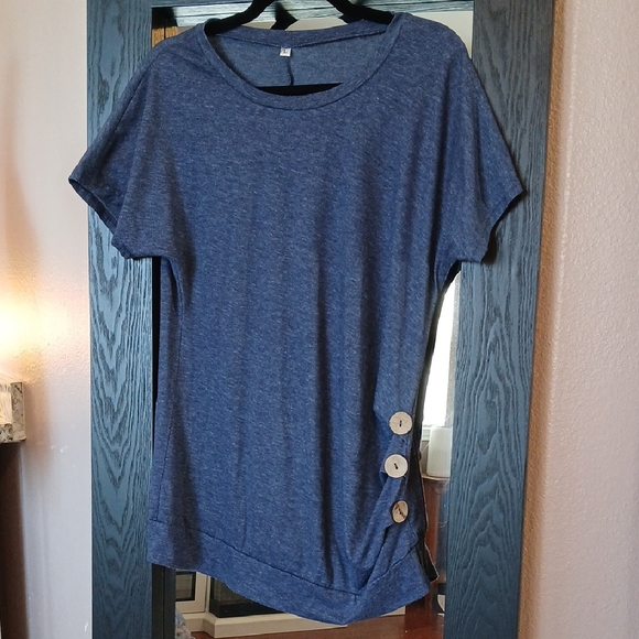 Unbranded Tops - Womens Heathered Navy Scoop Neck High Low Button Detail Tee T-shirt Size L